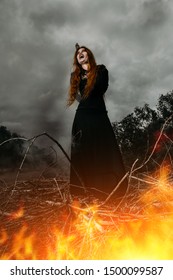 A portrait of an angry witch tied for incineration. Magic, dark force, spell.  - Shutterstock ID 1500099587