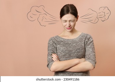 Portrait Of Angry Young Woman, Portrait Of Angry Young Woman With Steam Coming Out Of Her Ears -  Negative Human Emotions