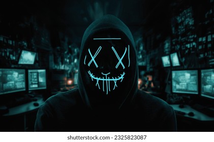 Portrait of an anonymous man, hacker wearing neon mask over dark room background - Shutterstock ID 2325823087