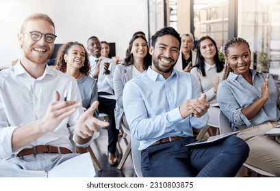Portrait, applause and business man in an audience with a group of people clapping for a victory or achievement. Winner, wow and motivation with a team of colleagues in a coaching or training seminar