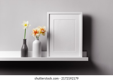 Portrait Artwork Frame Mockup On White Shelf With Fresh Daffodils Flowers Over Gray Wall