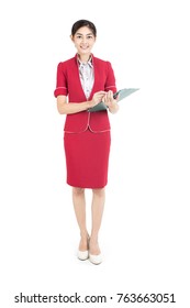 Portrait Of Asian Air Hostess Posing With White Background, Woman Stand And Smile At Isolated On White Background, Woman With Air Hostess Concept.