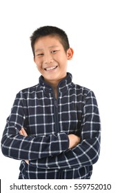 Portrait Of Asian Boy Laughing On White.