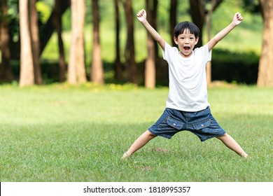 Portrait Asian Boy Raising Arms In The Public Park. The Child Was Raising Both Arms In Joy. Life Achievements And Success Concept.