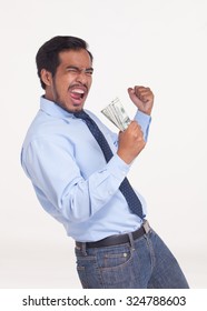 Portrait Of Asian Business Man Enjoying Success, Get Winning Bonus Money.