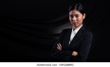 Portrait Asian Business Woman Dark Blue Formal Proper Suit, Studio Lighting Black Drape Fabric Background Copyspace, Lawyer Boss Act Posing Smile Smart Look Profile