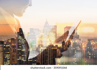 Portrait of Asian business woman using tablet in a room, concept of technology or communication. - Shutterstock ID 359091044
