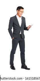 Portrait Of Asian Businessman With Mobile Phone On White Background