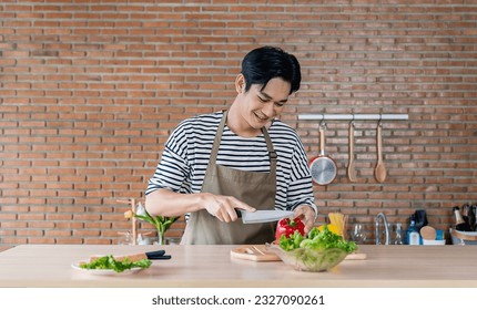 Portrait of asian chef man cooking vegetable salad chop in kitchen home. New normal work at home lifestyle. Healthy food eco friendly homemade meal, happy guy do it yourself asian concept - Powered by Shutterstock