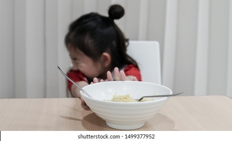 Portrait Of Asian Child Girl Refuse To Eat Food Or Food Bored, Child Anorexia 