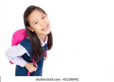 Portrait Of Asian Child In School Uniform With School Bag On White Background Isolated