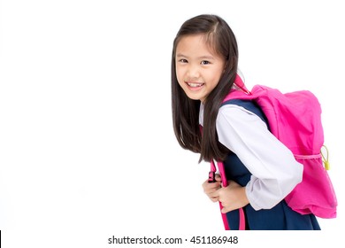 Portrait Of Asian Child In School Uniform With School Bag On White Background Isolated