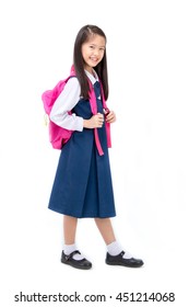 Portrait Of Asian Child In School Uniform With School Bag On White Background Isolated