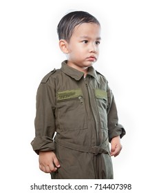 Portrait Of Asian Children Wearing Airforce Pilot Suit Isolated White Background