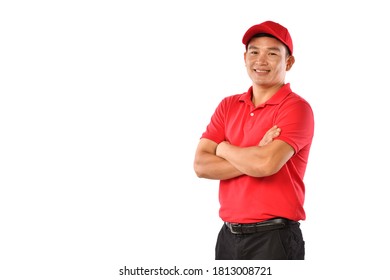 Portrait Of Asian Delivery Man, Messenger, Empolyee, Worker, Service Provider Smiling And Looking Happy And Welcome