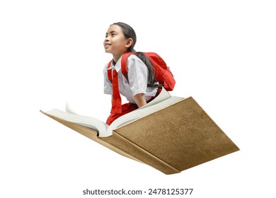 Portrait of an Asian Elementary School student girl in uniform with a backpack sitting on the opened book isolated over a white background - Powered by Shutterstock