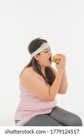 Portrait Asian Fat Overweight Obese Woman Eat Big Junkfood Hamburger White Background Isolated