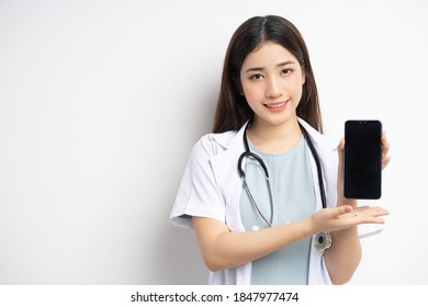 Portrait Asian Female Doctor Holding Phone In Hand