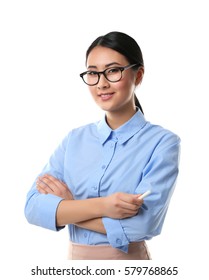 Portrait Of Asian Female Teacher Isolated On White