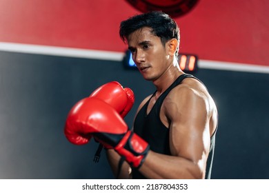 Portrait of Asian handsome sportsman wear boxing gloves in fitness gym. Attractive athlete male fighter workout and exercise by punching sand bag to maintain strong muscle and health care in gymnasium - Powered by Shutterstock