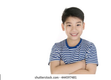 Portrait Of Asian Happy Boy Smile Face And Looking At Camera On White Background
