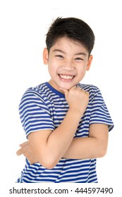 Portrait of asian happy boy smile face and looking at camera on white background