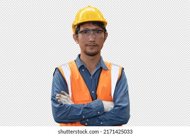 Portrait Asian Industry Engineer Worker Foreman Male With Safety Isolated Man Background Cut With Clipping Path.