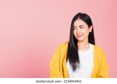 Portrait Asian Lifestyle Beautiful Young Woman Standing Smile Looking Side Away, Studio Shot Isolated On Pink Background, Happy Face Thai Female Cute With Copy Space