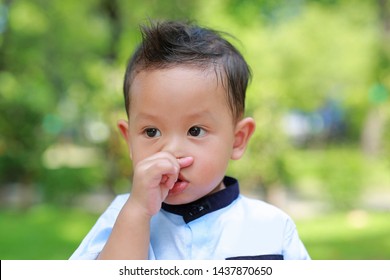 Portrait Of Asian Little Child Feeling Itchy On His Nose In The Garden. Close-up Kid Scratching His Nose Outdoor.