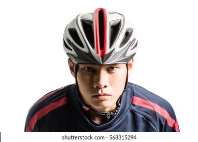 Portrait Of An Asian Man Cyclist With Helmet And Sportswear. Isolated On White Background