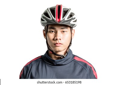 Portrait Of An Asian Man Cyclist With Helmet And Sportswear. Isolated On White Background With Clipping Path