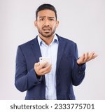 Portrait, asian man and phone error in studio with glitch, scam or bad connection on white background. Wtf, face and male confused by 404, scam or phishing, spam or network delay and sign up mistake