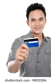 Portrait Of Asian Man Showing Credit Card Isolated On White Background