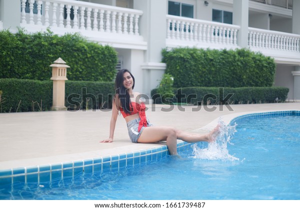 Portrait Asian Mini Sexy Woman At Swimming Pool Fashion In Summer