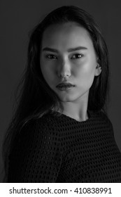 Portrait Of Asian Models Black And White Background. Without Makeup