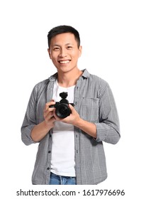 Portrait Of Asian Photographer On White Background