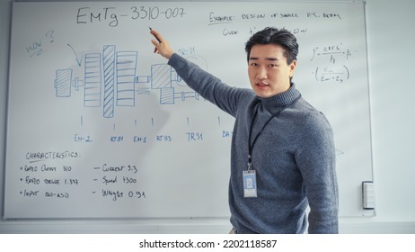 Portrait of Asian Professor Giving Speach at Online Conference. Using Whiteboard with Statistical Information Illustrating Solution Options on Video Call. E-Learning and Online Education Concept. - Powered by Shutterstock