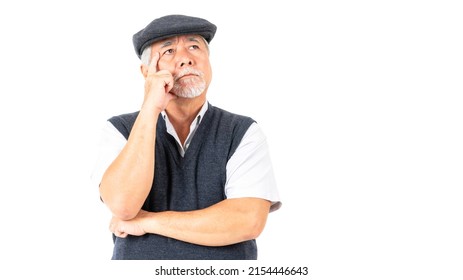 Portrait Asian Senior Man , Old Man , Serious Face Thinking About Something Isolated On White Background - Lifestyle Senior Male Thinking About Question