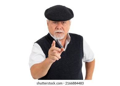 Portrait Asian Senior Man , Old Man Feel Bad Mood Angry , Serious Pointing Finger Isolated On White Background - Lifestyle Senior Male Concept