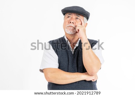 Portrait Asian senior man , old man , serious face thinking about something isolated on white background - lifestyle senior male thinking about question