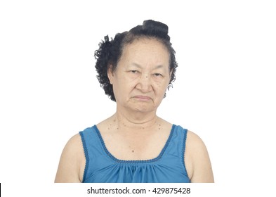 Portrait Of Asian Senior Woman Serious Expression Isolated With Clipping Path