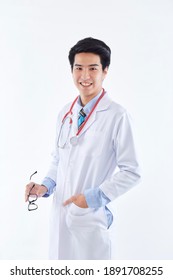 Portrait Asian Thai Medical Male Doctor On White Background