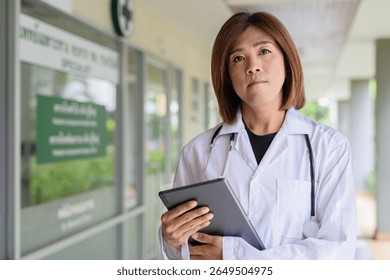 Portrait of Asian transgender non binary doctor with stethoscope. Diversity in healthcare.