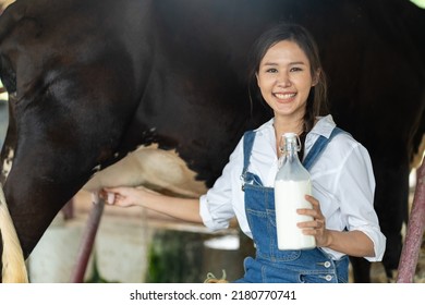 Portrait Of Asian Woman Dairy Farmer Holding Bottle Of Milk In Cowshed. Attractive Beautiful Female Agricultural Smile And Look At Camera After Milking Cow With Feel Proud At Livestock Farm Industry.