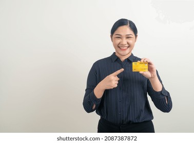 Portrait Asian Woman Holding Credit Card With White Background