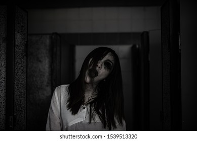 Portrait Of Asian Woman Make Up Ghost Face,Horror Scene,Scary Background,Halloween Poster