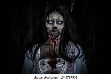 Portrait Of Asian Woman Make Up Ghost Face With Blood,Horror Scene,Scary Background,Halloween Poster,Thailand People