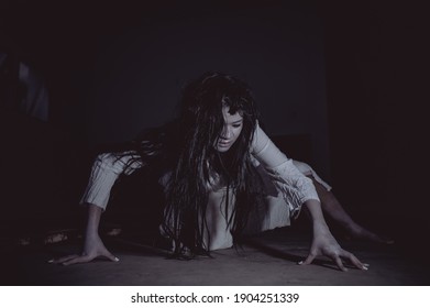 Portrait of asian woman make up ghost,Scary horror scene for background,Halloween festival concept,Ghost movies poster