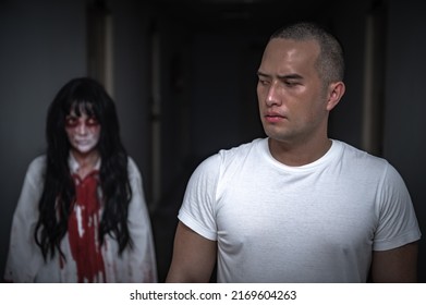 Portrait Of Asian Woman Make Up Ghost,Scary Horror Scene For Background,Halloween Festival Concept,Ghost Movies Poster,The Souls Of The Murderous Lovers