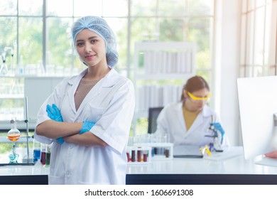 Portrait, Asian Woman Scientist Chemistry Experiments In Lab Room, Teamwork Scientific Research Concept.